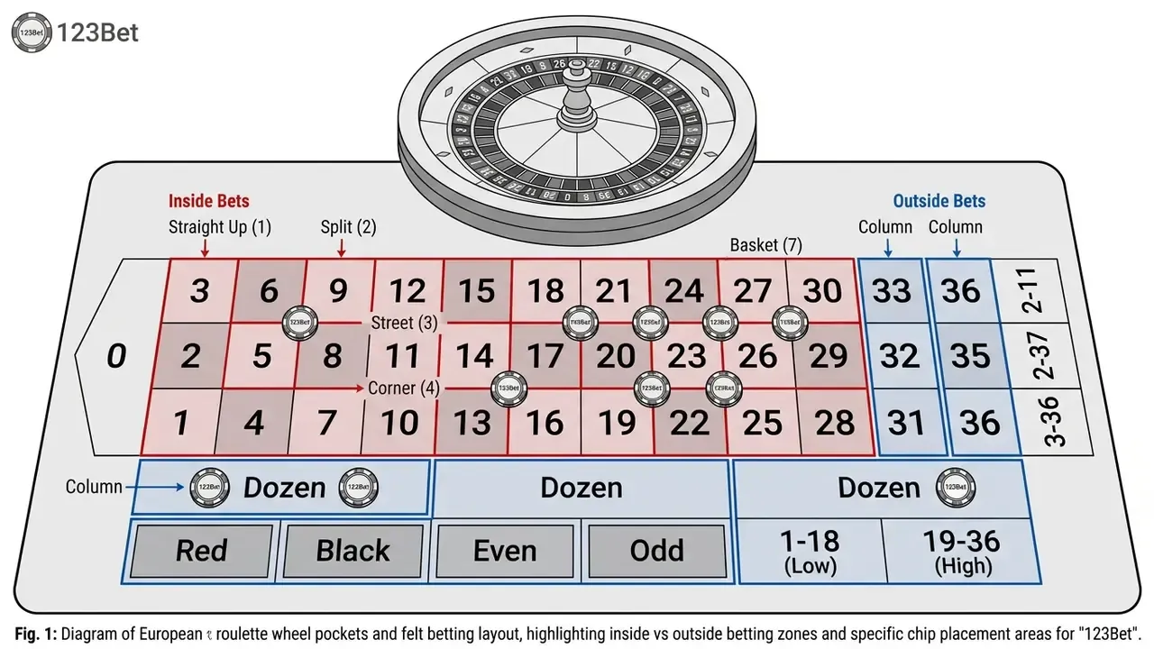 Diagram of European roulette wheel pockets and felt betting layout
