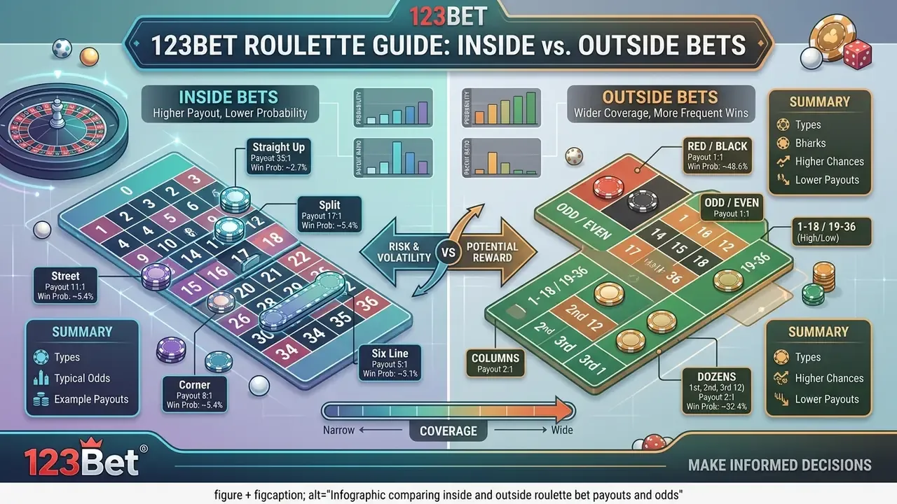 Infographic comparing inside and outside roulette bet payouts and odds