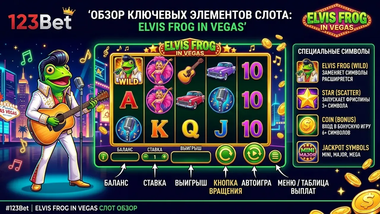 Слот Elvis Frog in Vegas интерфейс и символы
