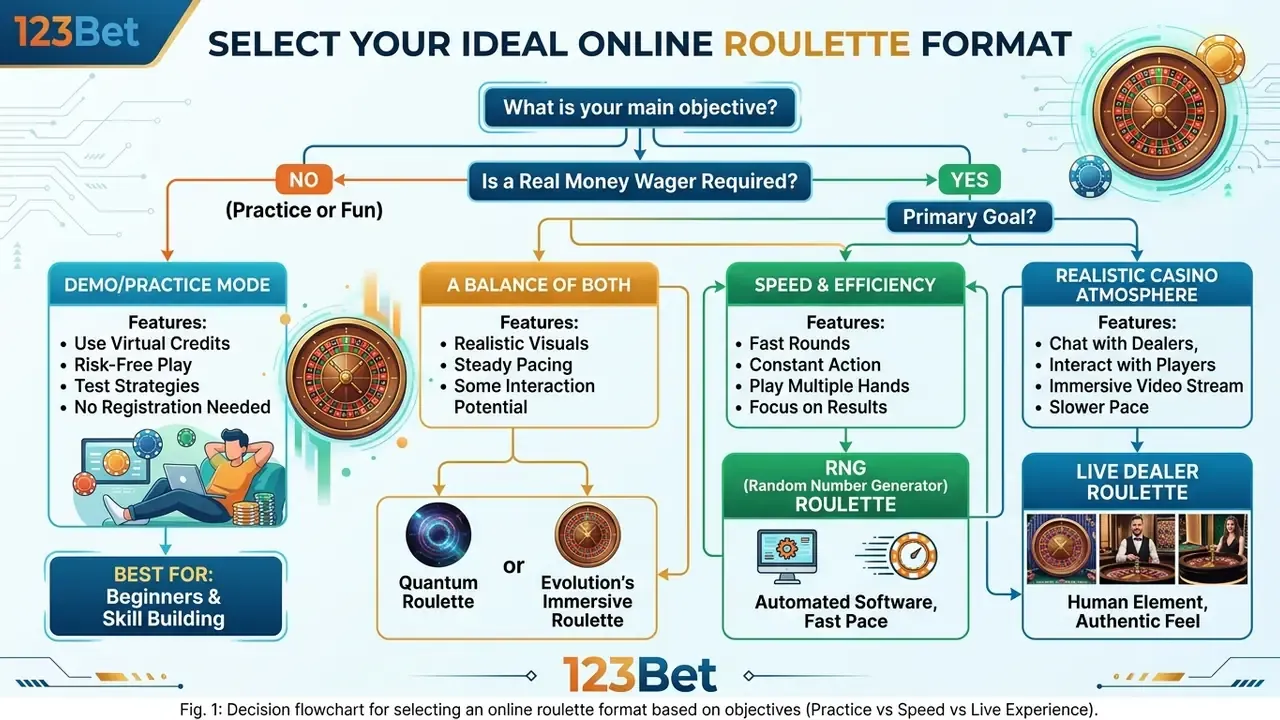 Flowchart comparing roulette demo, RNG roulette, and live dealer roulette